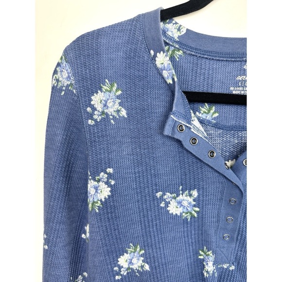 Aerie Waffle Knit Thermal Henley Shirt Women's Large Floral Long Sleeve Snap - Picture 3 of 10